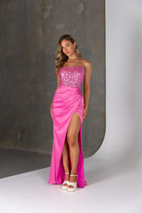 Aletta formal dress by Tania Olsen – stretch satin gown with sequin corset bodice, asymmetric neckline, and high leg split.