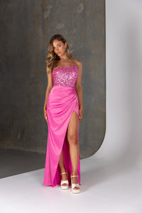 Pink satin and beaded formal dress