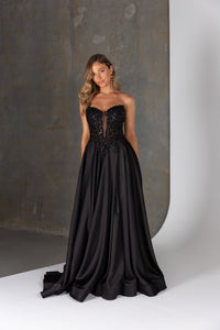 Alpha formal dress by Tania Olsen – strapless satin gown with lace appliqué corset bodice, mesh insert, and high leg split.