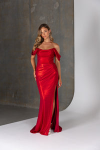 Beryl formal dress by Tania Olsen – off-the-shoulder deluxe jersey gown with scoop neckline and high leg split.
