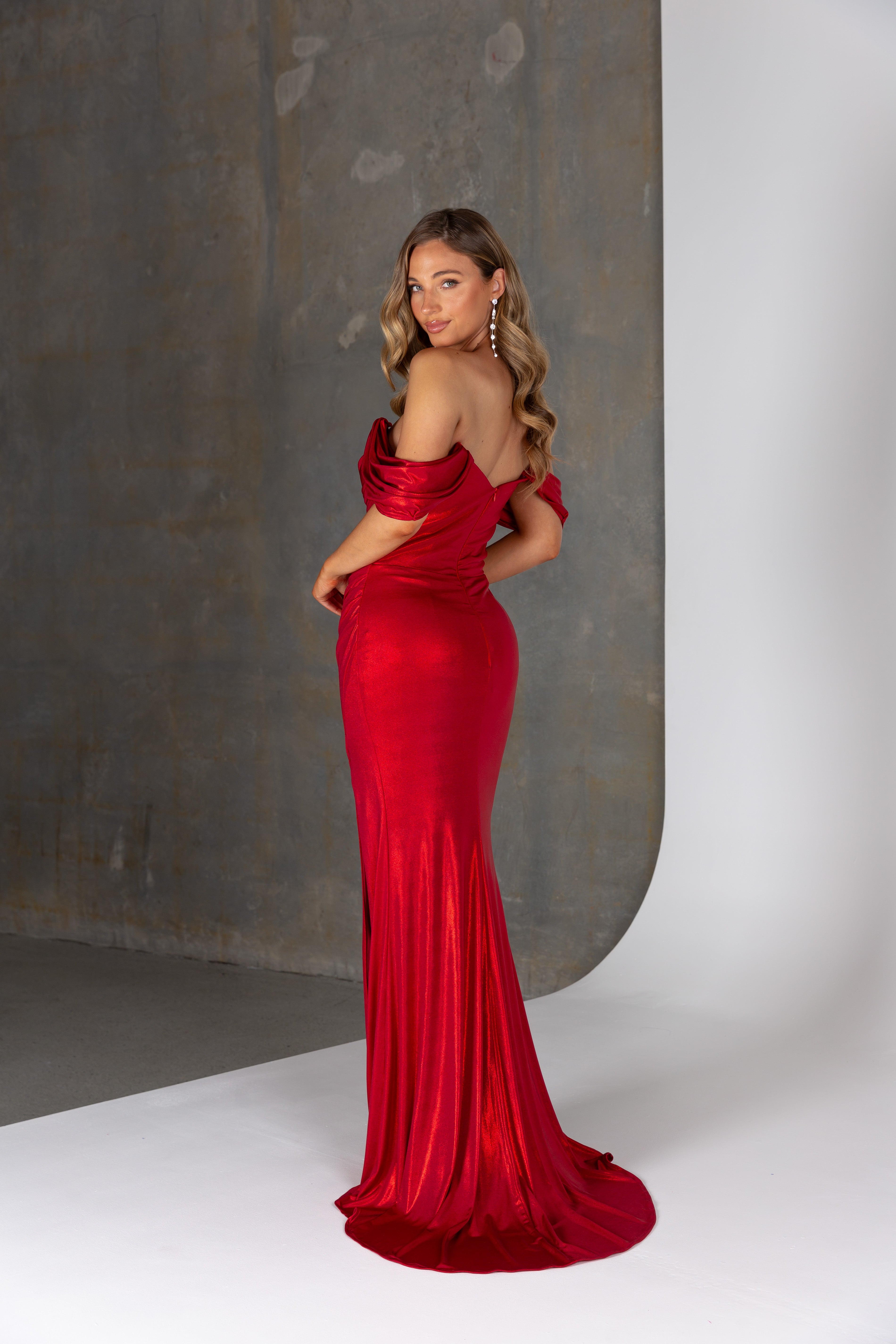 Back of Beryl formal dress by Tania Olsen – smooth jersey gown with invisible zipper and elegant off-shoulder design.