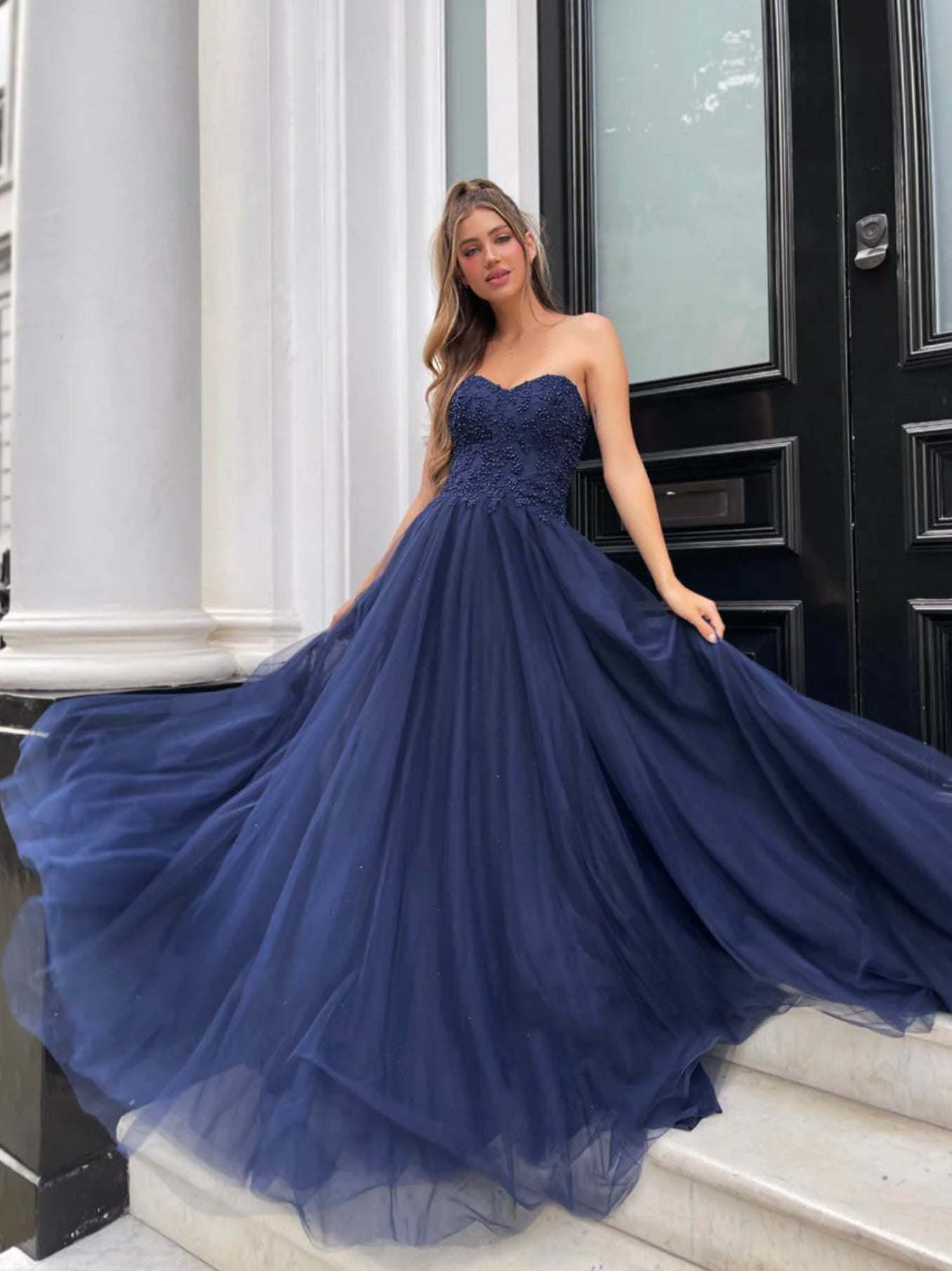 JP132 by Jadore Lilac, Navy & White Formal gown
