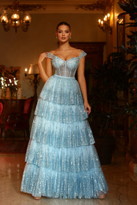 TE206 by Tina Holly Ice Blue & Burgundy Formal Dress