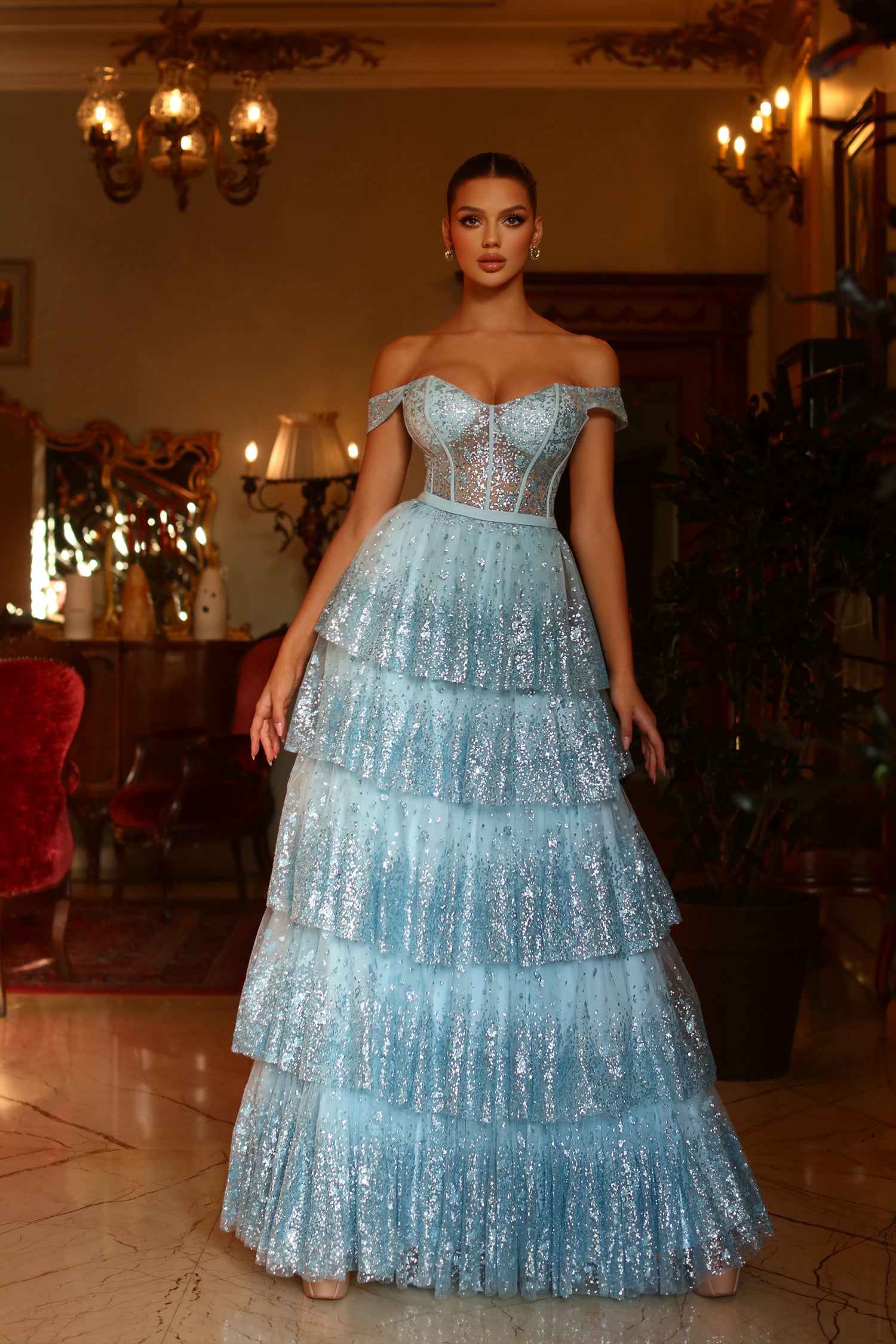 TE206 by Tina Holly Ice Blue & Burgundy Formal Dress