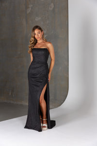 Livia formal dress by Tania Olsen – strapless sparkle satin gown with draped bodice and high leg split.