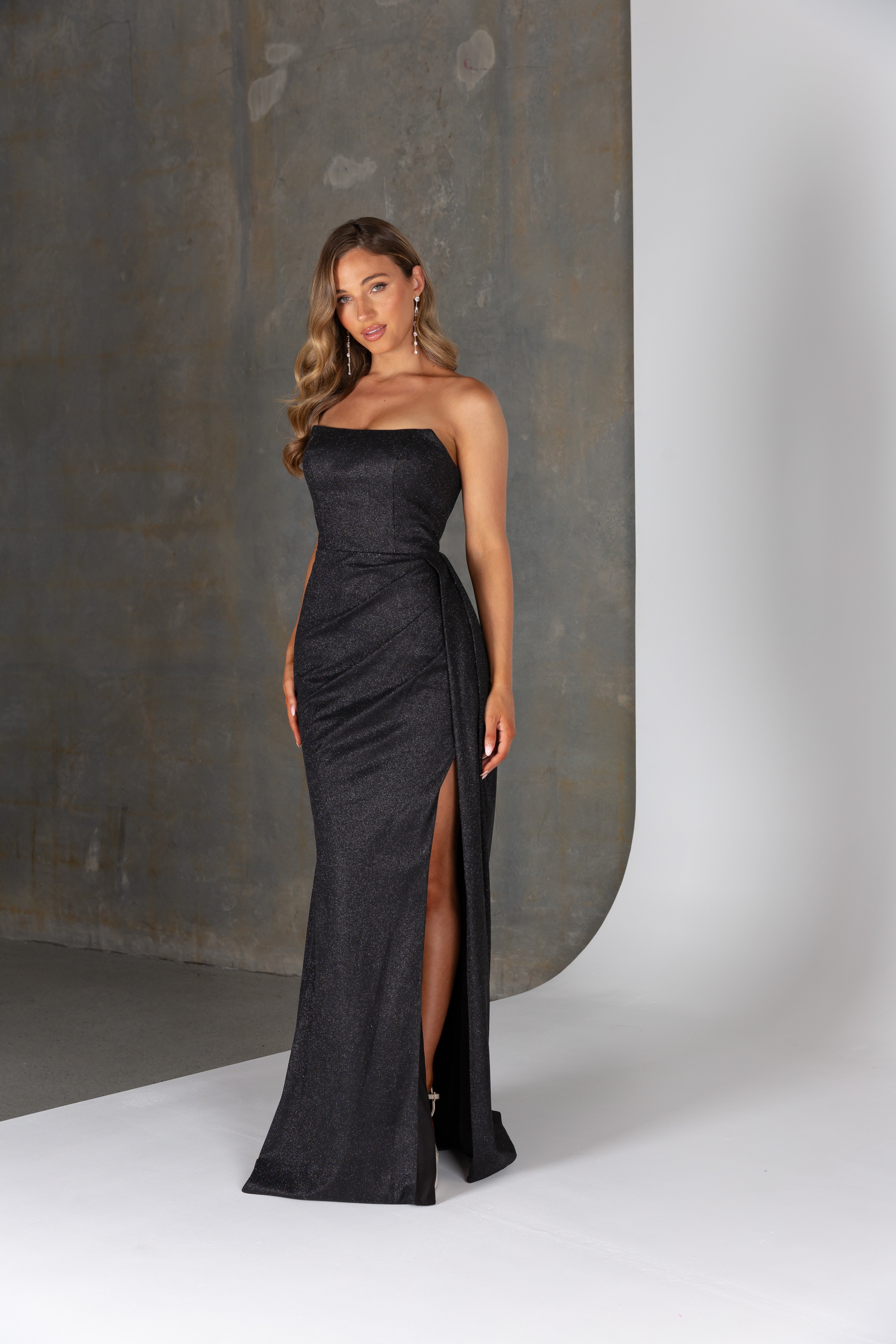 Black glitter fitted formal dress