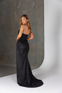 Back view of Livia formal dress – strapless sparkle satin gown with invisible zipper and sculpted silhouette.