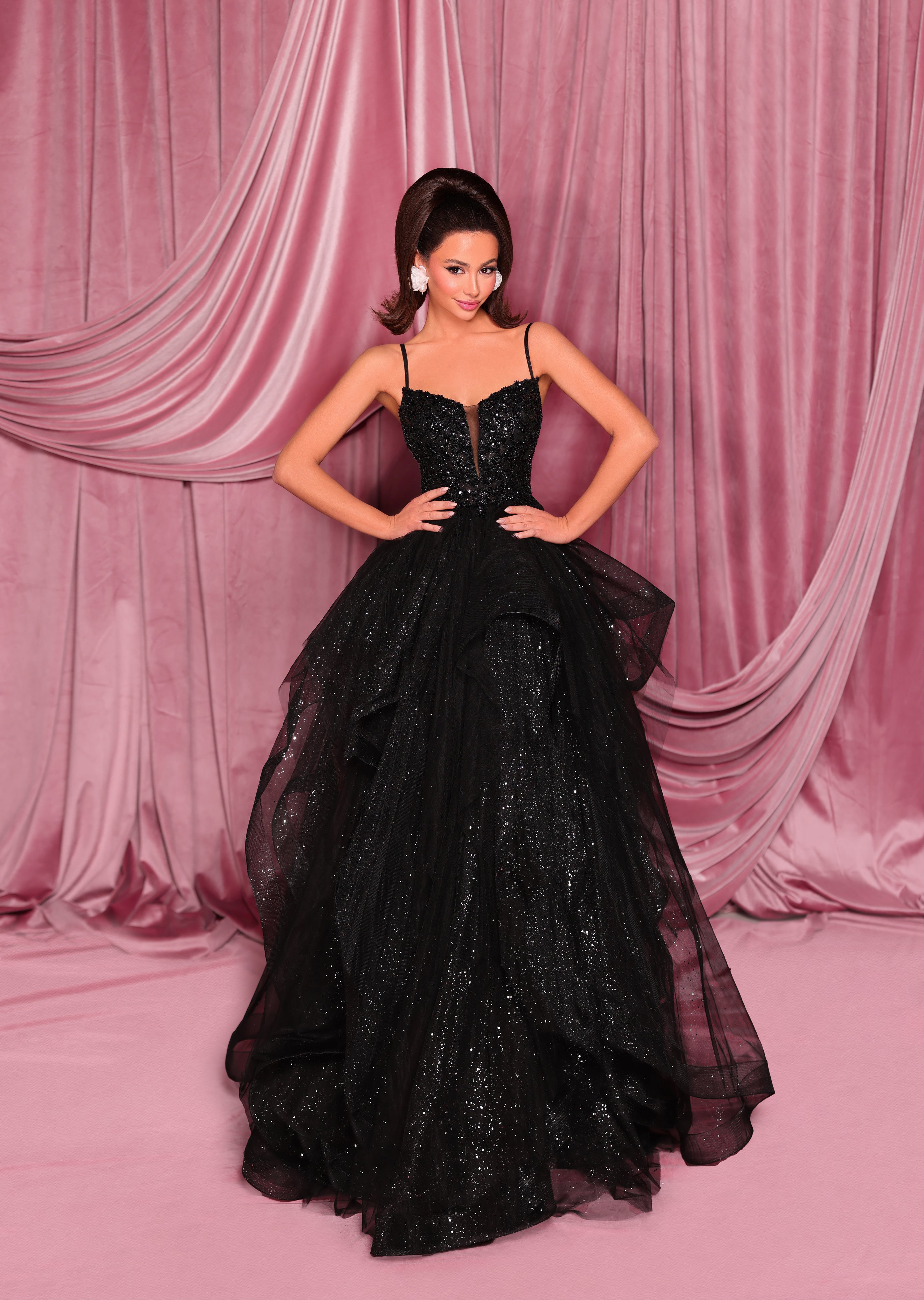 NC3010 formal dress – plunging V-neck gown with sheer boned bodice, sequin and bead detail, and glitter tulle layered skirt.