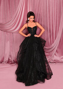 NC3010 formal dress – plunging V-neck gown with sheer boned bodice, sequin and bead detail, and glitter tulle layered skirt.