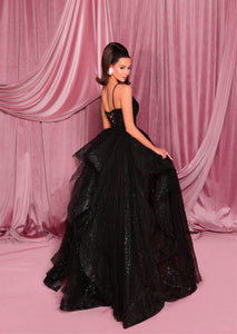 Back of NC3010 dress – lace-up back with sheer corset bodice and flowing glitter tulle skirt.