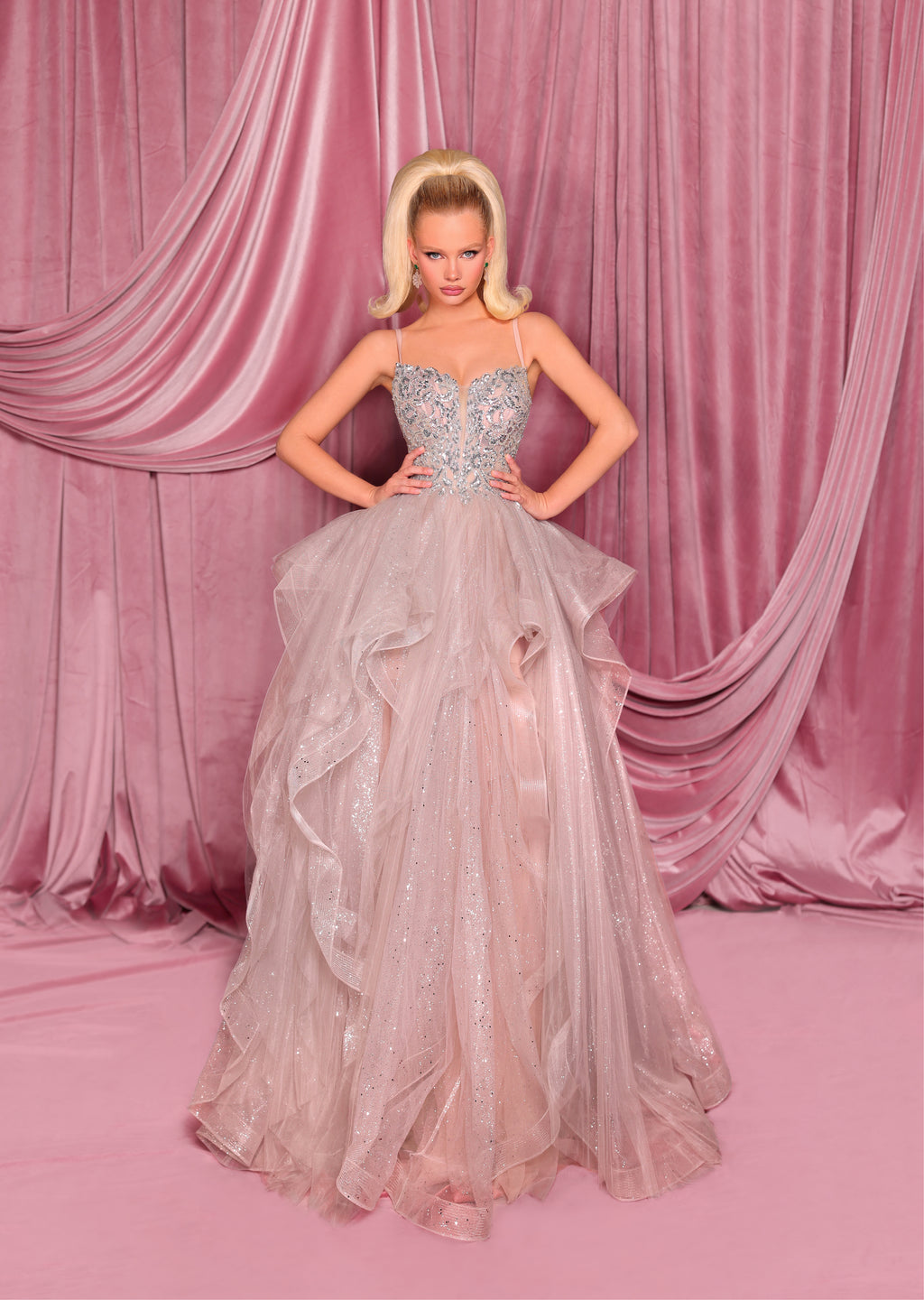 NC3010 formal dress – plunging V-neck gown with sheer boned bodice, sequin and bead detail, and glitter tulle layered skirt.
