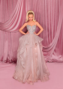 NC3010 formal dress – plunging V-neck gown with sheer boned bodice, sequin and bead detail, and glitter tulle layered skirt.