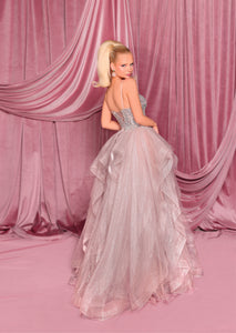 Back of NC3010 dress – lace-up back with sheer corset bodice and flowing glitter tulle skirt.