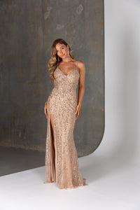 Nude beaded formal dress
