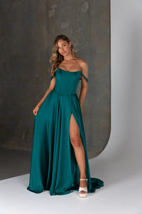 Emerald green satin formal dress