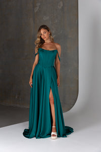 Solana formal dress by Tania Olsen – strapless satin A-line gown with corset bodice, off-shoulder straps, and leg split.