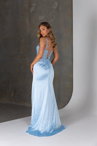 Back view of Tiger dress – illusion lace corset back with lace-up detail and sleek satin skirt.