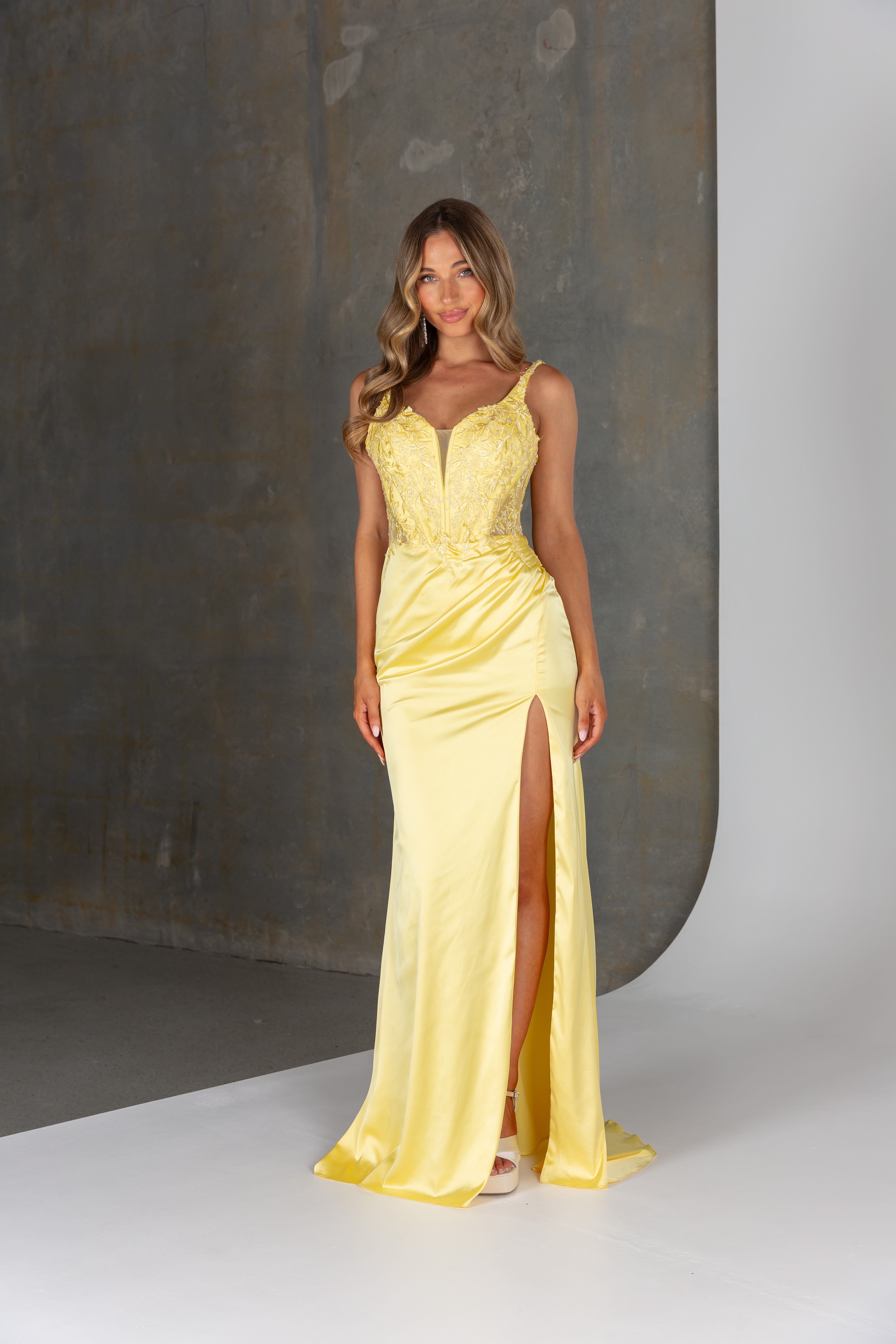 Tiger formal dress by Tania Olsen – satin gown with lace corset bodice, mesh insert, lace straps, and high leg split.