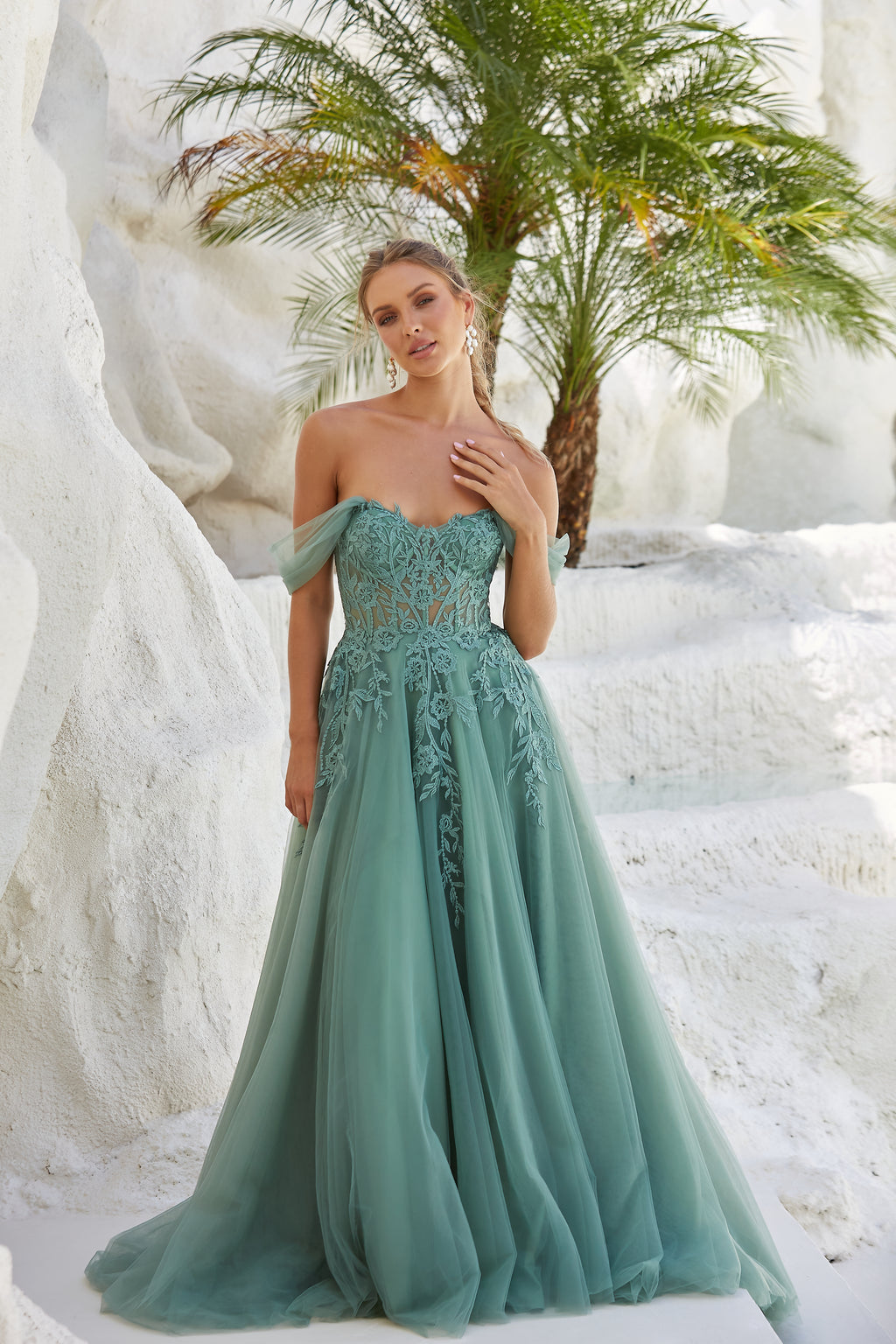 Innes Formal Dress by Tania Olsen PO2462 in sage green with off-shoulder tulle straps and A-line skirt