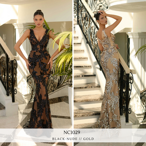 NC1029 by Nicoletta Black/Nude, & Gold Formal Dress